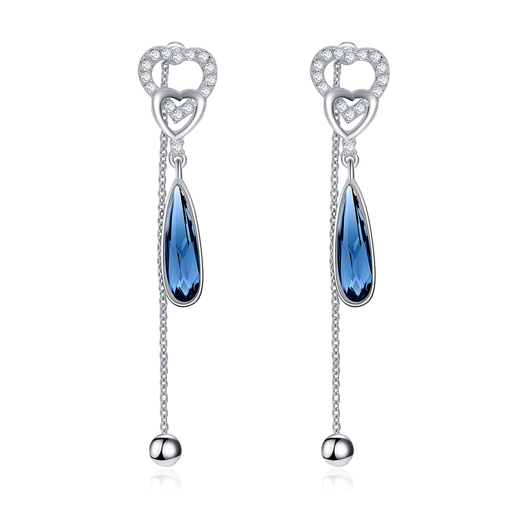S925 Blue Swarovski Heart Long Dangle Earrings
